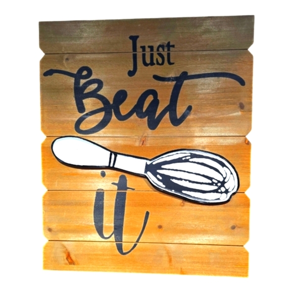 Kitchen Wall Hanging Real Wood with Metal Applique "Just Beat It" - Picture 1 of 3